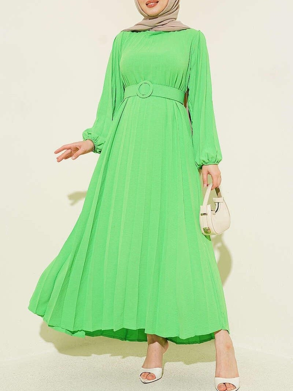 Modest Belted Pleated Maxi Dress NWOT Neon Green M